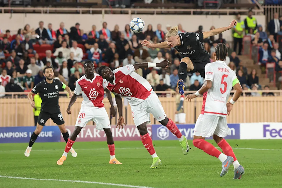 MONACO, MONACO - OCTOBER 01: Erling Haaland of Manchester City heads the ball home to give the visitors a 2-1 lead during the UEFA Champions League 2025/26 League Phase MD2 match between AS Monaco and Manchester City at Stade Louis II on October 01, 2025 in Monaco, Monaco. (Photo by Jonathan Moscrop/Getty Images)