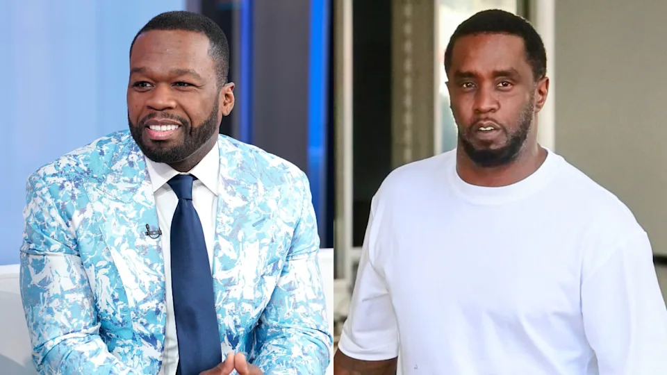 50 Cent in a blue patterned suit smiling, and Diddy in a white shirt outdoors.