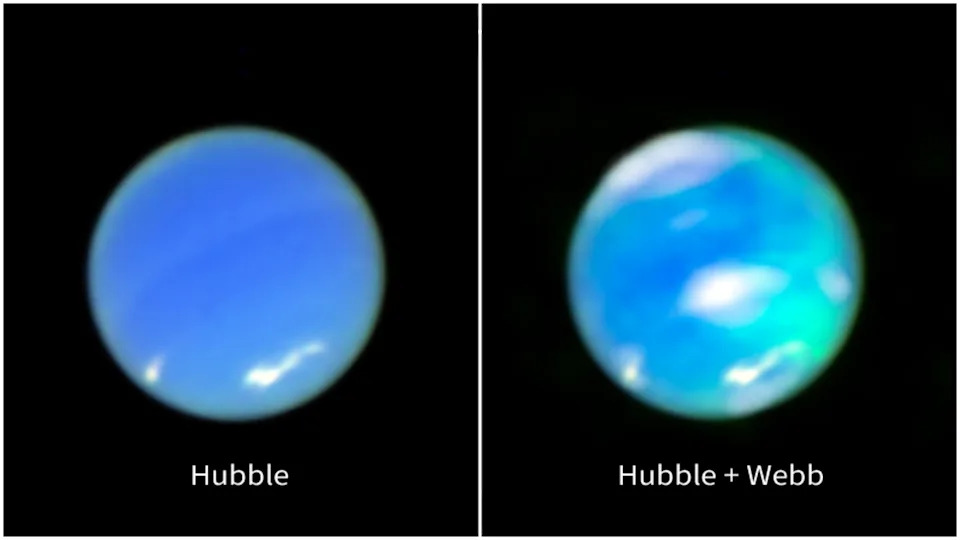 two views of a pale blue orb dotted with pale green and white splotches