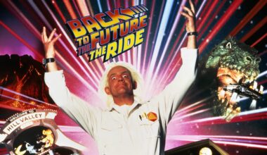 A scientist in a white coat poses with raised arms beneath a "Back to the Future: The Ride" sign, dramatic lights behind him—no Disney castle present, unlike any Disneyland or Walt Disney World castle comparisons.