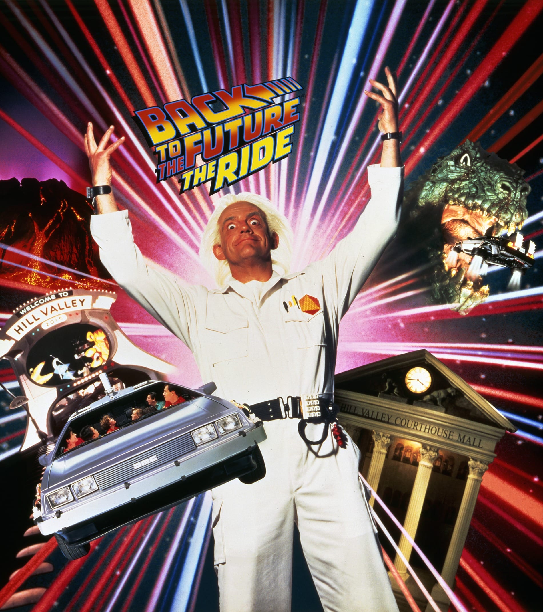 A man in a white coat stands like Doc Brown, with a car, buildings, and dinosaur, “Back to the Future The Ride” above—not a Disney castle.
