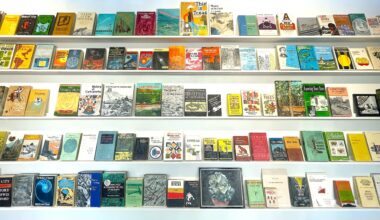 a collection of wooden and painted book sculptures by Conrad Bakker face out on a wall