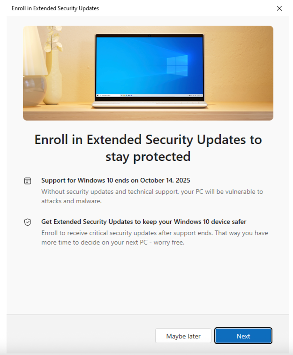 By enrolling in Extended Security Updates, you'll have another year before you need to upgrade to Windows 11. (Screenshots/Engadget)