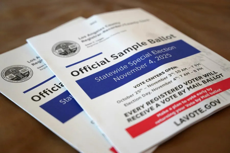 A sample ballot is pictured before early voting starts in California’s statewide special election, Friday, Oct. 3, 2025, in Los Angeles. (AP Photo/Paula Ulichney-Munoz)