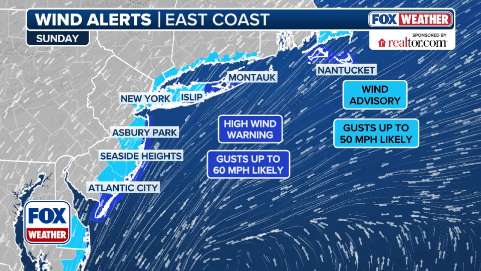 This graphic shows wind alerts in effect along the East Coast on Oct. 12, 2025.