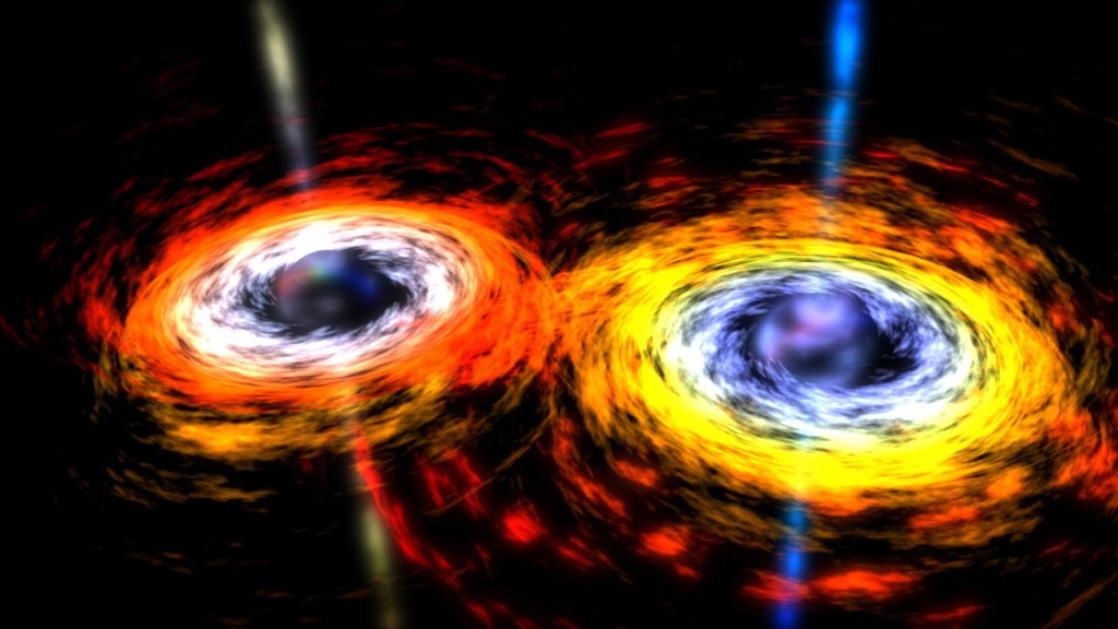 Artist's depiction of black holes locked in a spacely embrace.