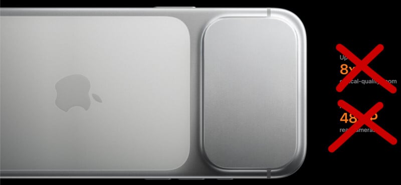 Close-up of the back of a silver iPhone showing the Apple logo and camera bump, with large red X marks over orange text on the right side of the image.