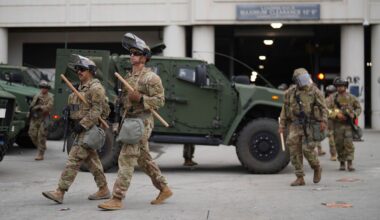 U.S. National Guard are deployed around downtown Los Angeles, Sunday, June 8, 2025, following an immigration raid protest the night before. (AP Photo/Eric Thayer)
