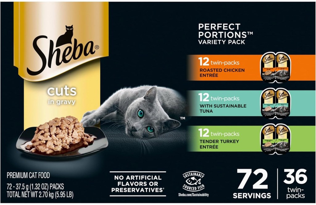 Sheba Cuts in gravy variety pack: 72 servings (36 twin-packs) of roasted chicken, tuna, and turkey.  Premium cat food.