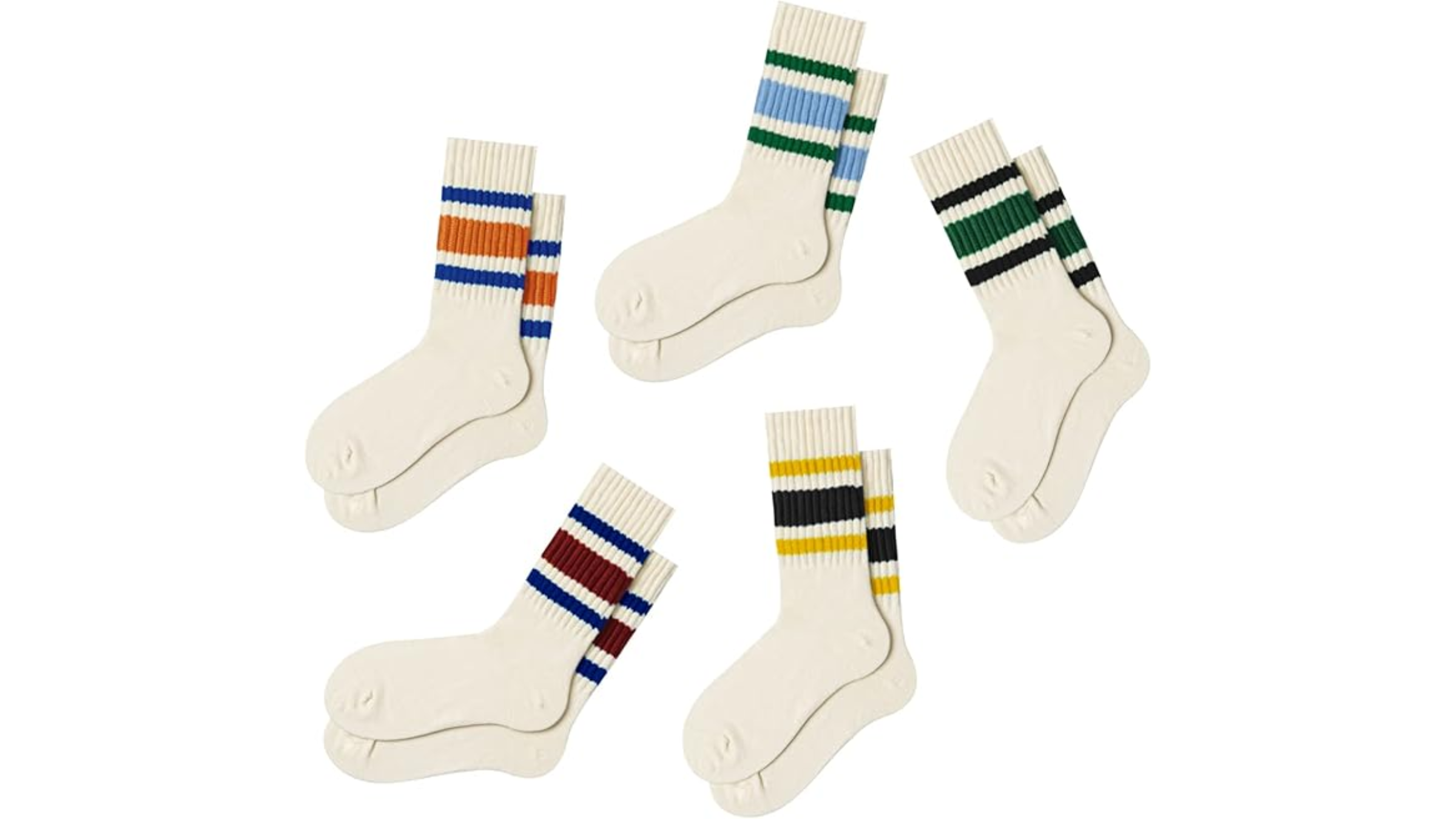 Five pairs of crew socks with retro stripes in classic colors