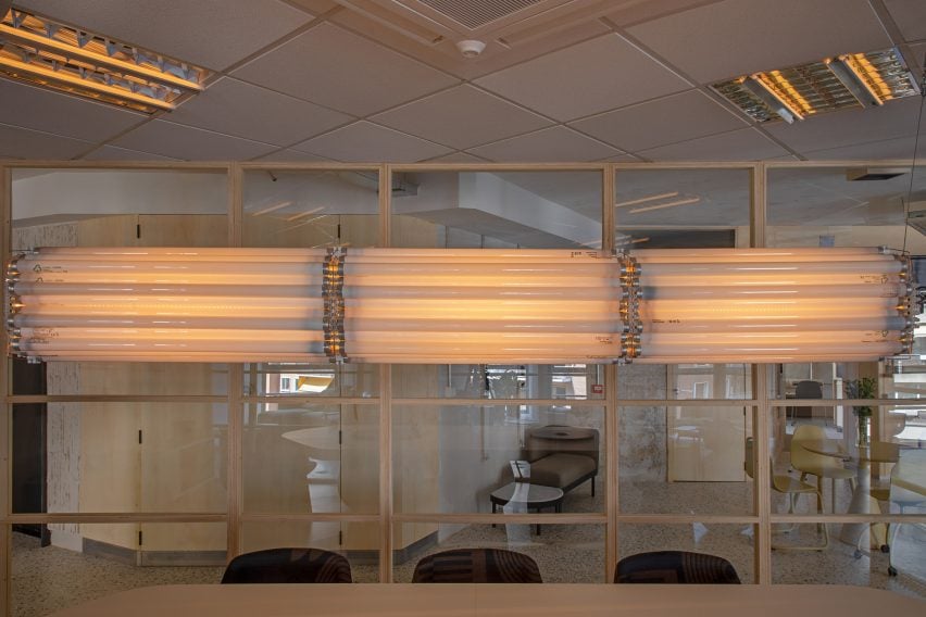 Chandelier made from old fluorescent lights