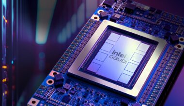 Intel Gaudi chip in a server setting with “intel GAUDI” text visible.