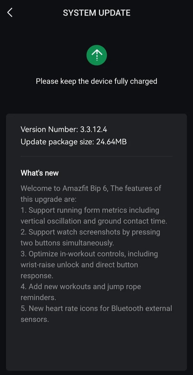 The release notes for software version 3.3.12.4 for the Amazfit Bip 6 smartwatch. (Image source: Reddit)
