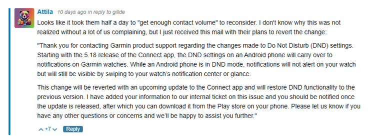 A screenshot of a port in the Garmin Forum with a message from Garmin. (Image source: Garmin Forum)