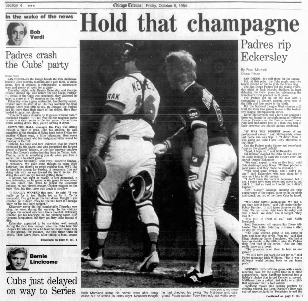 The Chicago Tribune reports on Oct. 5, 1984, how the Padres beat the Cubs 7-1 in Game 3 for the NLCS in San Diego. (Chicago Tribune)