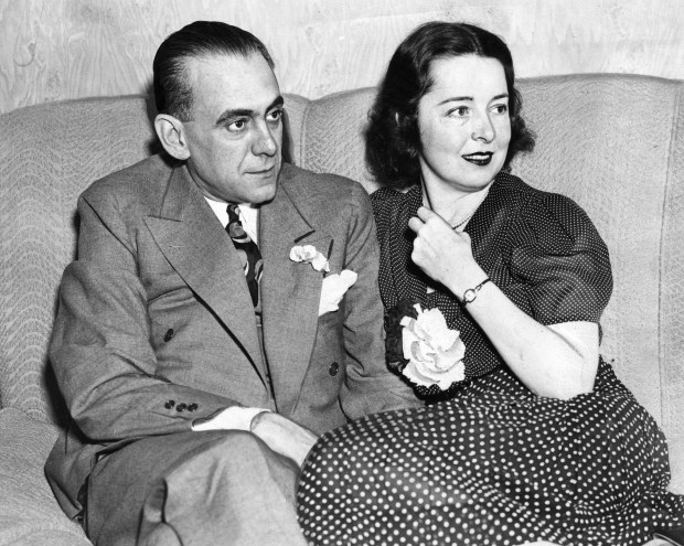 Homer Hargrave and his wife, former actress Colleen Moore Hargrave, during a stop in Chicago on their way to California in 1937. (Chicago Herald and Examiner)