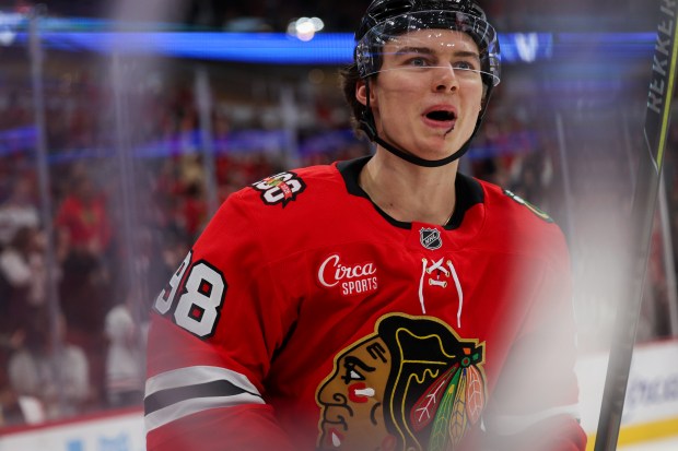 Chicago Blackhawks center Connor Bedard (98) celebrates after scoring a goal during the first period against the Los Angeles Kings at the United Center Sunday Oct. 26, 2025 in Chicago. (Armando L. Sanchez/Chicago Tribune)