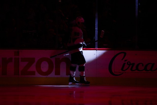 Los Angeles Kings left wing Andrei Kuzmenko (96) skates on the ice before the first period against the Chicago Blackhawks at the United Center Sunday Oct. 26, 2025 in Chicago. (Armando L. Sanchez/Chicago Tribune)