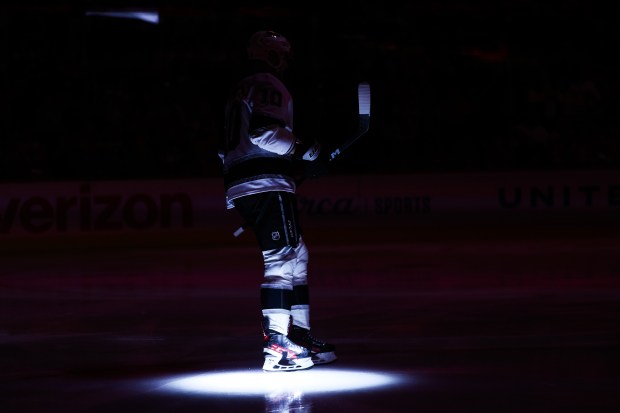Los Angeles Kings right wing Corey Perry (10) skates on the ice before the first period against the Chicago Blackhawks at the United Center Sunday Oct. 26, 2025 in Chicago. (Armando L. Sanchez/Chicago Tribune)