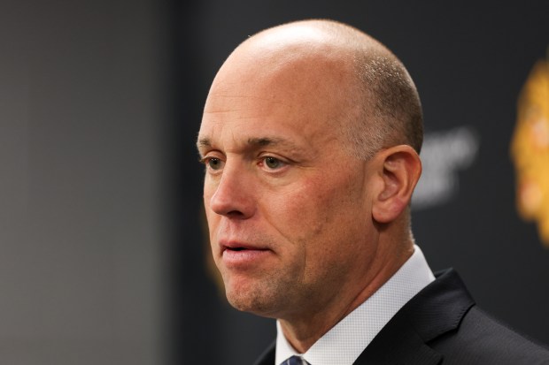 Chicago Blackhawks head coach Jeff Blashill talks with members of the press after the Blackhawks lost, 3-1, to the Los Angeles Kings at the United Center Sunday Oct. 26, 2025 in Chicago. (Armando L. Sanchez/Chicago Tribune)