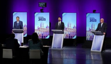 From left, Independent candidate former New York Gov. Andrew Cuomo, Republican candidate Curtis Sliwa and Democratic candidate Assemblyman Zohran Mamdani participate in a second New York City mayoral debate at LaGuardia Performing Arts Center at LaGuardia Community College in the Queens borough of New York, Wednesday, Oct. 22, 2025. (Hiroko Masuike/The New York Times via AP, Pool)