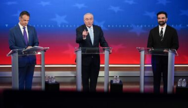 From left, Independent candidate former New York Gov. Andrew Cuomo, Republican candidate Curtis Sliwa and Democratic candidate Zohran Mamdani participate in a mayoral debate, Thursday, Oct. 16, 2025, in New York. (AP Photo/Angelina Katsanis, Pool)