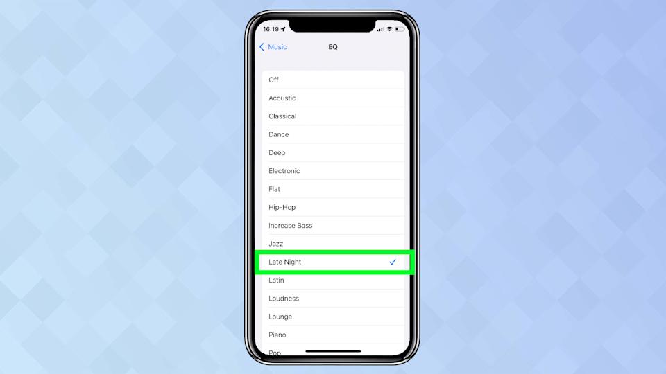 A screenshot from an iPhone showing the EQ menu with Late night selected