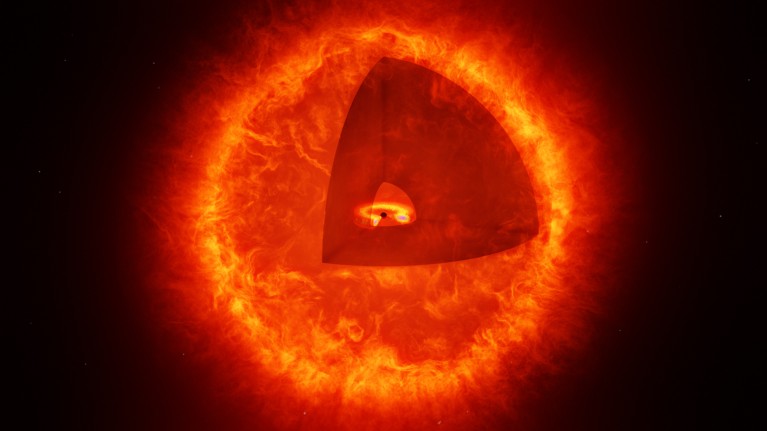 Artist’s impression of a black hole star, a golden fiery ball, with a cut out to show a black dot in the core