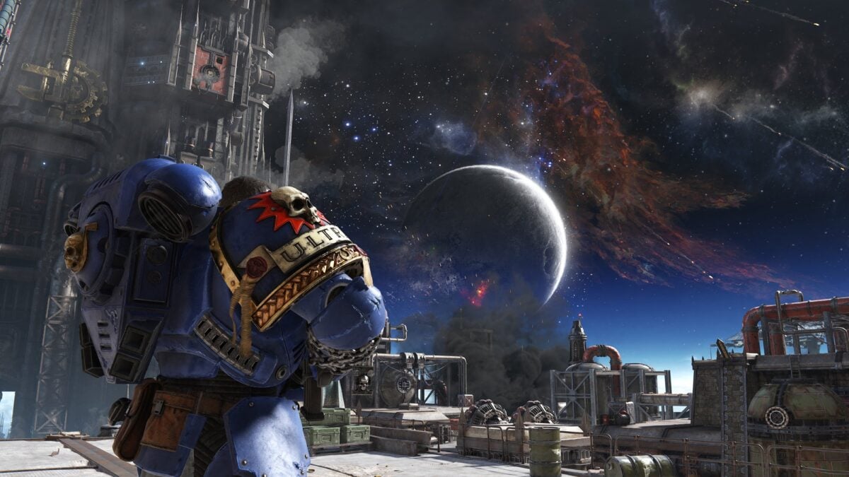 A Space Marine looks out at space.