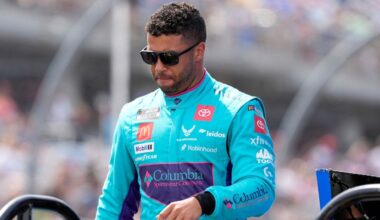 Sep 6, 2025; Madison, Illinois, USA; NASCAR Cup Series driver Bubba Wallace (23) looks on during practice and qualifying for the Enjoy Illinois 300 at World Wide Technology Raceway.
