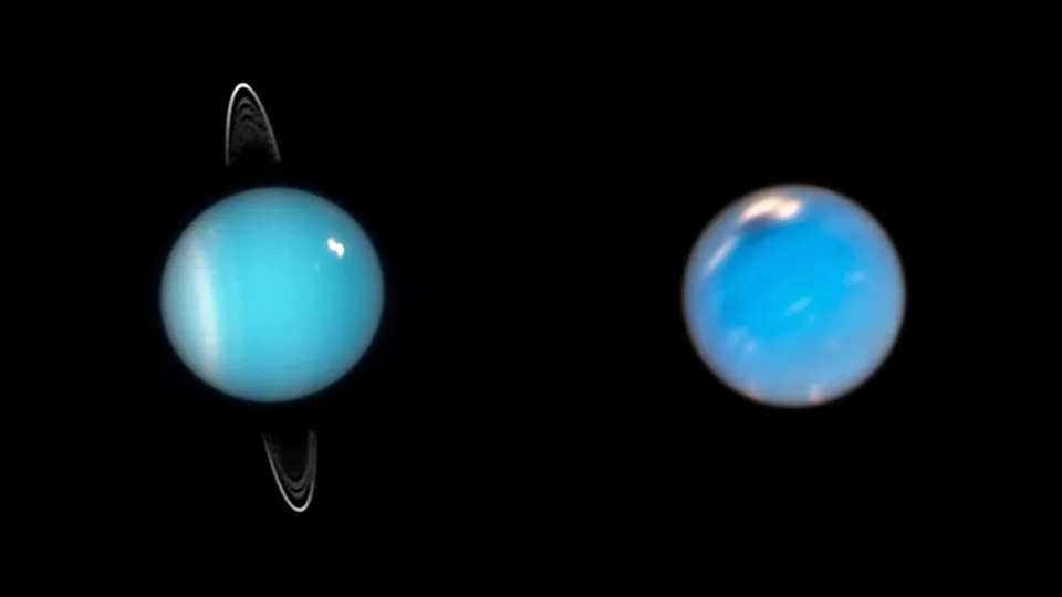  A composite image of Uranus (left) and Neptune based on Hubble Space Telescope observations. 