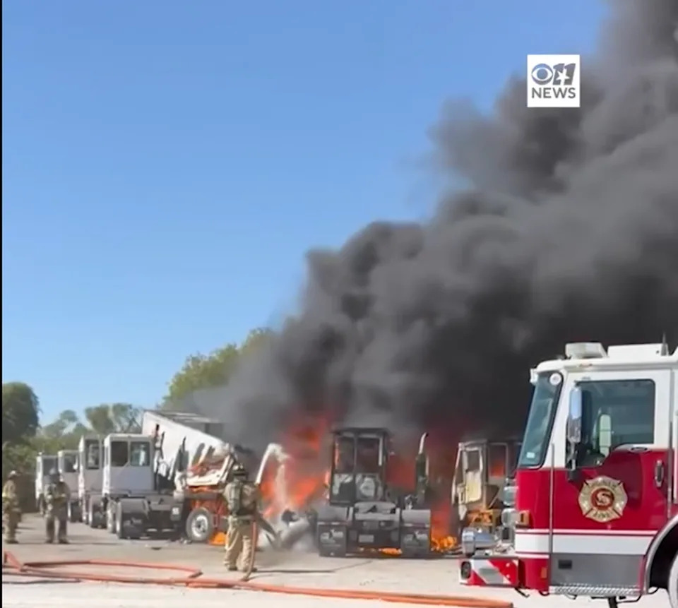 Firefighters work to battle the flames from a plane crash near Hicks Airfield in Tarrant County, Texas (CBS Texas/Instagram)