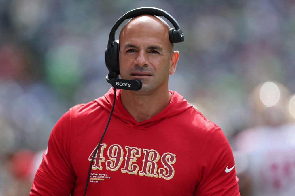 Defensive coordinator Robert Saleh of the San Francisco 49ers looks on during the second quarter against the Seattle Seahawks during the game at Lumen Field on September 07, 2025 in Seattle, Washington.