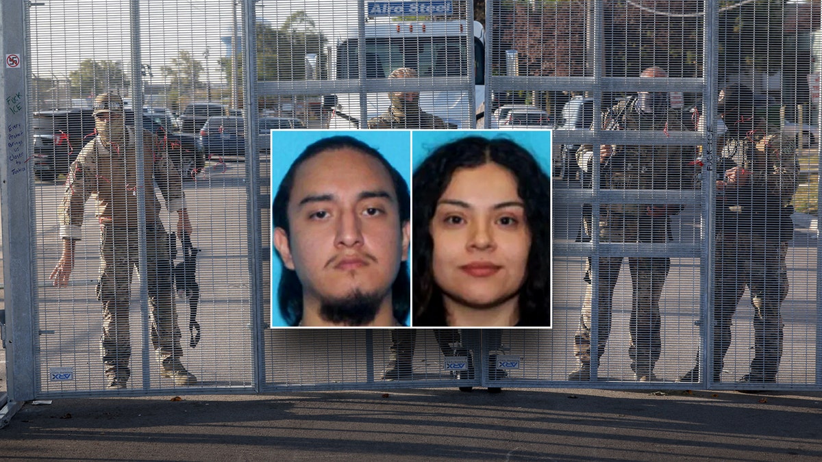 Split image of mugshots over image of federal agents