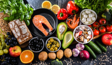 Fish, vegetables, and other foods found in Mediterranean diet.