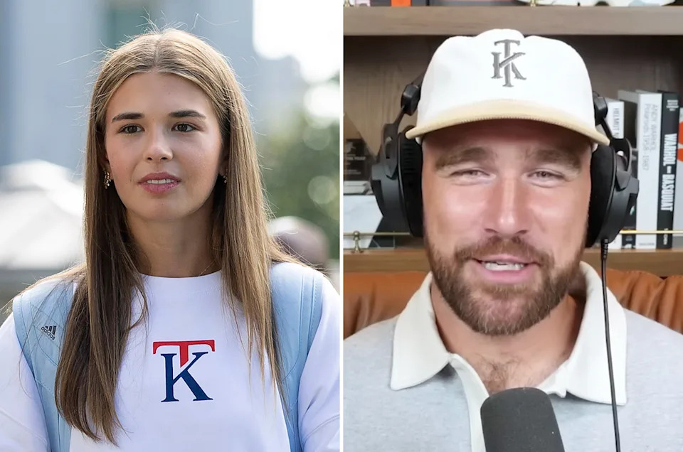 Donald Trump's eldest grandchild, Kai (left) launched new merch with a logo similar to Travis Kelce's (right) partnership with American Eagle (Getty / New Heights on YouTube)