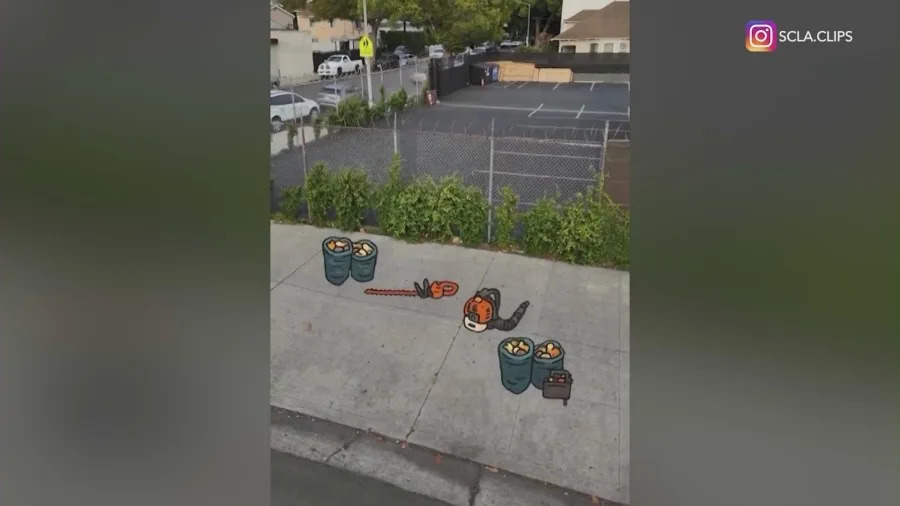 Illustrations of scattered supplies belonging to street vendors, landscapers, and construction workers are seen sitting abandoned over real video, portraying the impact the recent ICE raids have had in local communities.