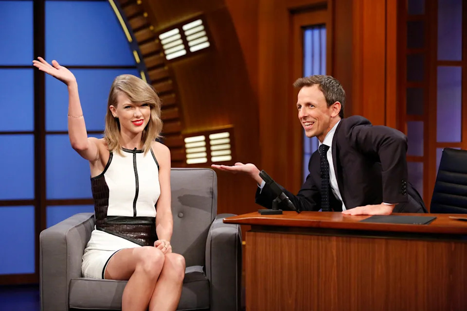 Taylor Swift, left, with Seth Meyers.