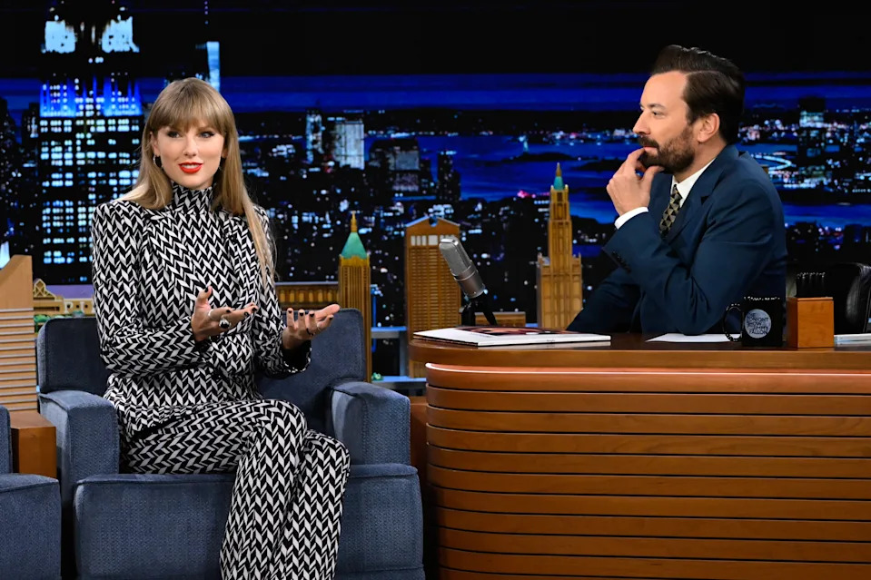 Taylor Swift, left, with Jimmy Fallon.