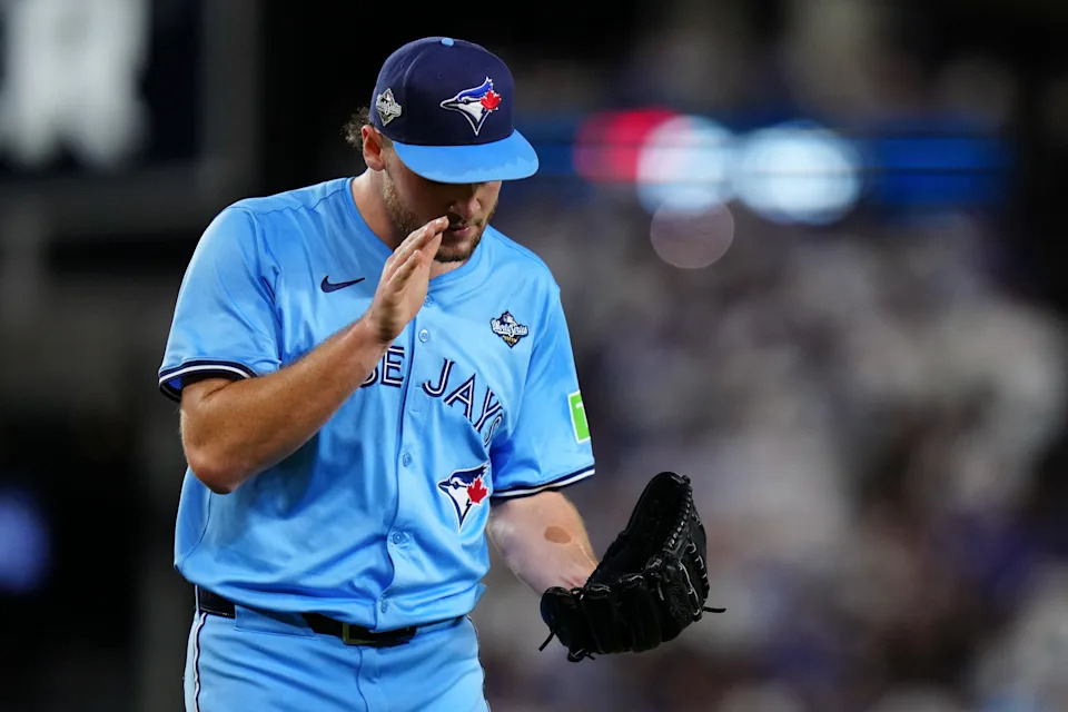 LOS ANGELES, CA - OCTOBER 29:   Trey Yesavage #39 of the Toronto Blue Jays walks back to the dugout after pitching during Game Five of the 2025 World Series presented by Capital One between the Toronto Blue Jays and the Los Angeles Dodgers at Dodger Stadium on Wednesday, October 29, 2025 in Los Angeles, California. (Photo by Daniel Shirey/MLB Photos via Getty Images)