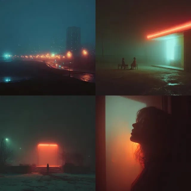 A collage of four moody, nighttime scenes with neon lights: city streetlights in fog, two people at a glowing red entrance, a person approaching a neon doorway, and a woman's silhouette against red light.