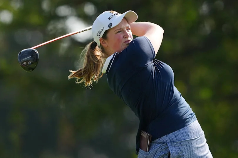 Lottie Woad of England plays her shot from the second tee during the final round of the Kroger Queen City Championship presented by P&G 2025 at TPC River's Bend on September 14, 2025 in Cincinnati, Ohio.