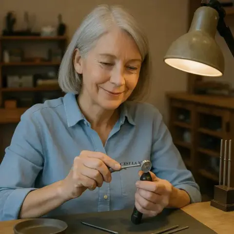 C'est La Vie A woman with grey/white bobbed hair sits at a wooden desk in a jewellery shop, wearing a blue shirt and tending to some jewellery under a light. 