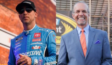 NASCAR Cup Series driver Denny Hamlin (11) celebrates his win during the Cook Out 400 at Martinsville Speedway.