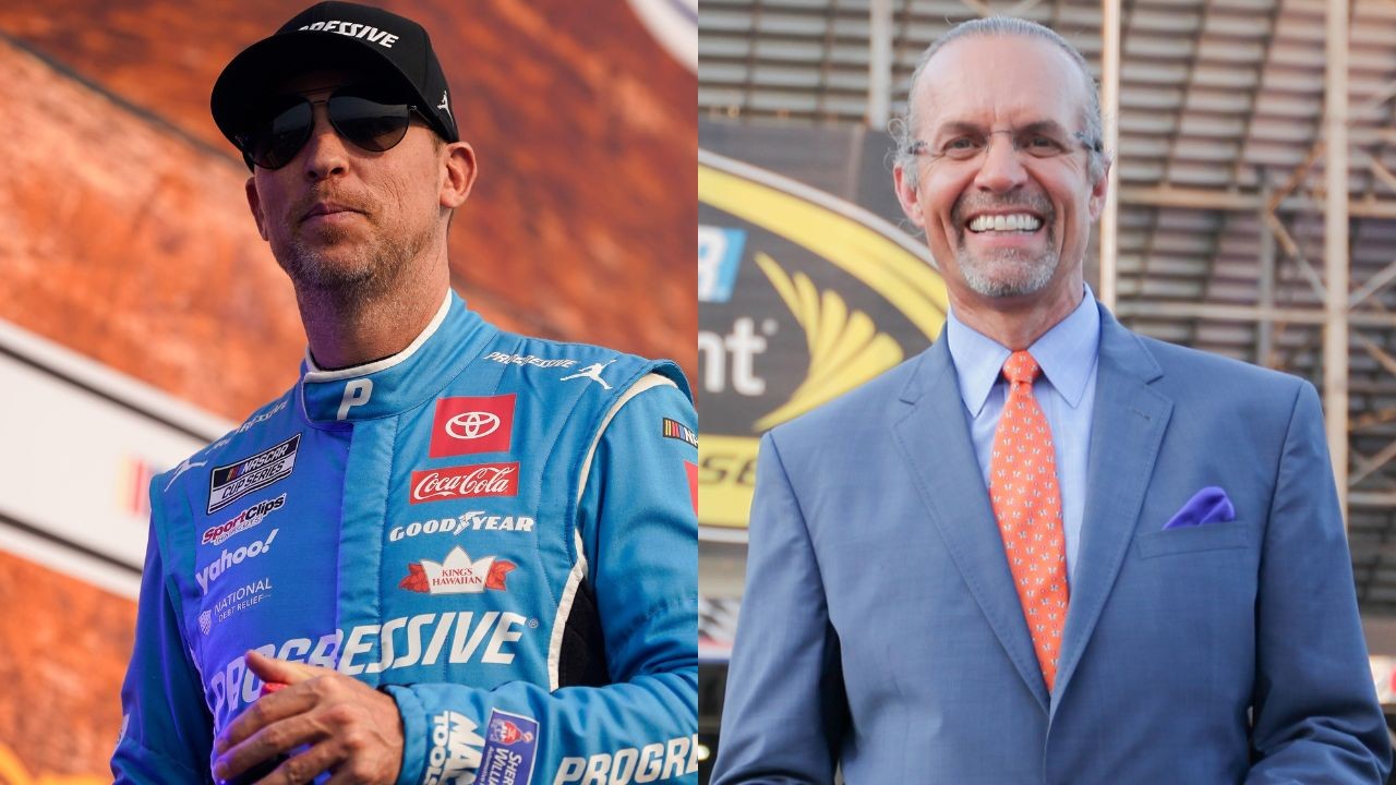 NASCAR Cup Series driver Denny Hamlin (11) celebrates his win during the Cook Out 400 at Martinsville Speedway.