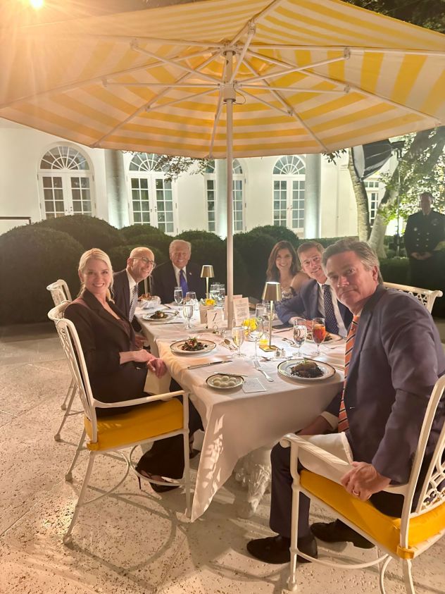 In this image posted to X by Rachel Campos-Duffy on September 25, 2025, President Donald Trump has dinner with Attorney General Pam Bondi and others outside the White House.