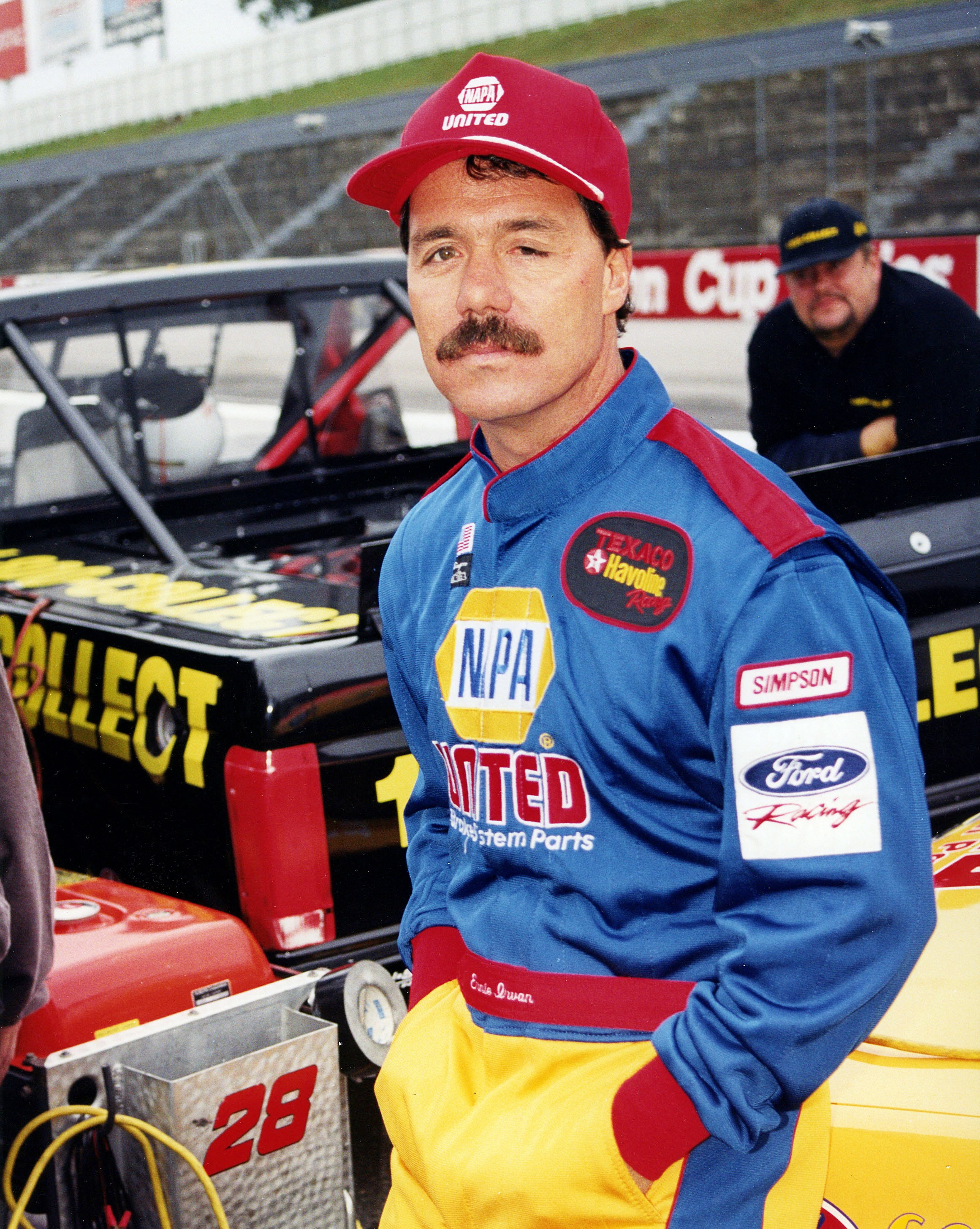 UNKNOWN — 1995: Ernie Irvan made his comeback from injuries suffered the year before in a NASCAR Cup practice crash by entering three races on the new NASCAR Truck Series circuit in his own NAPA-sponsored Ford F-150. After a 30th place finish in his debut at the North Wilkesboro (NC) Speedway, Irvan finished third in the race at Mesa Marin Speedway in Bakersfield, CA, and second in the event held at the Phoenix (AZ) International Raceway. (Photo by ISC Images & Archives via Getty Images)