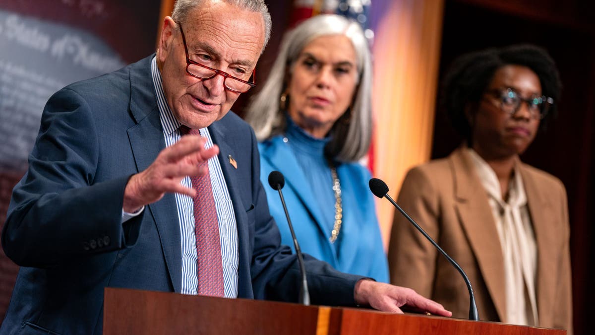Senate Majority Leader Chuck Schumer, House Minority Whip Katherine Clark and Rep. Lauren Underwood at a press conference
