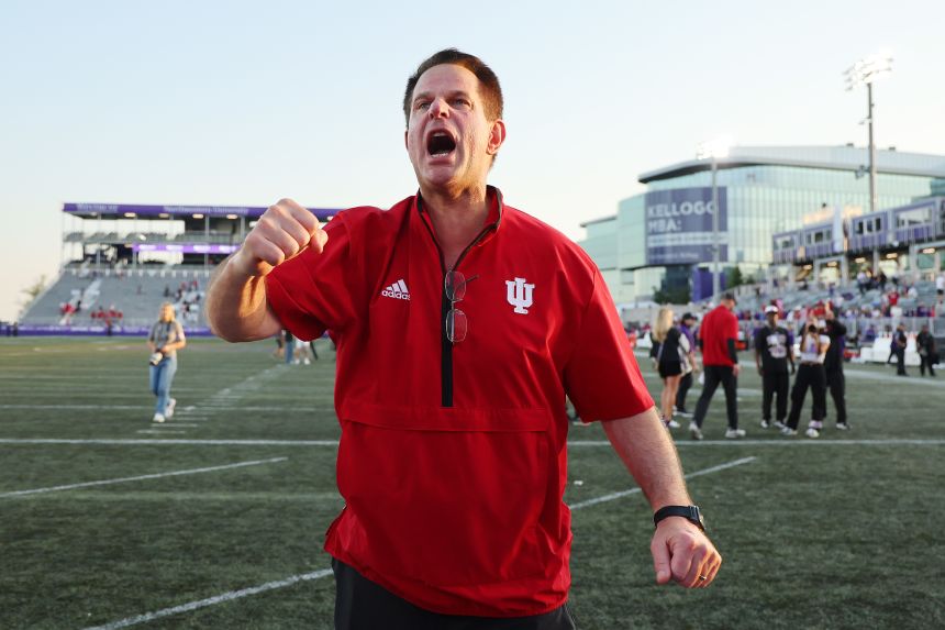 Indiana head coach Curt Cignetti celebrates a win over Northwestern in October 2024.