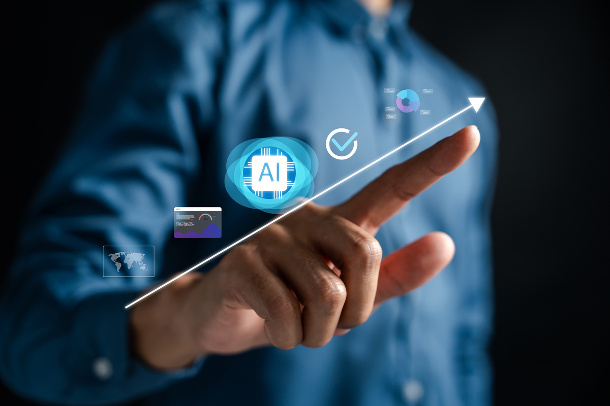 A person pointing their finger along a line going up and to the right with AI-related graphics above it.